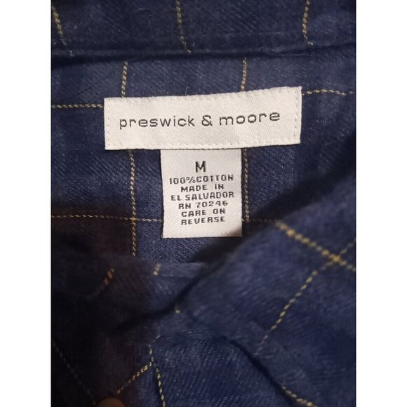 New Vtg Medium Preswick & Moore Long Sleeve Flannel Men's Shirt 100% Cotton Blue - Picture 8 of 10